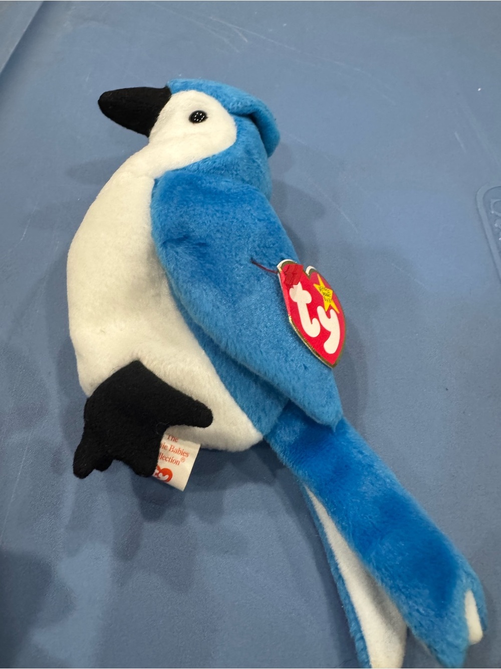 Ty Beanie Baby Blue and White Plush Bird- Rocket the Blue Jay- retired